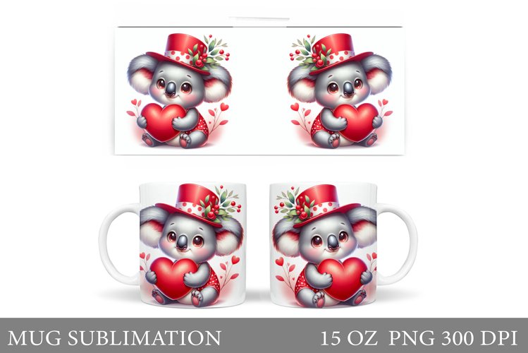 Valentines Koala Mug Sublimation. Valentines Mug Wrap Design