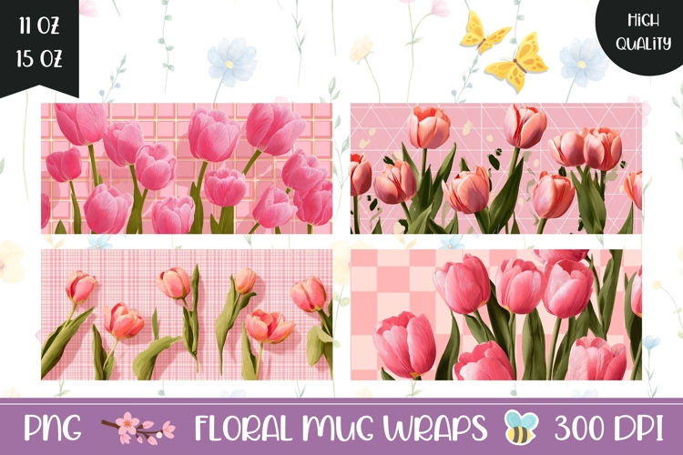 Pink Mug Wrap Designs, Pink Tulips Mug Template
