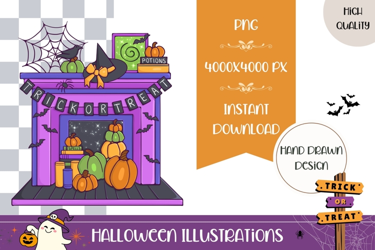 Hand Drawn Magic Illustration, Cartoon Halloween Fireplace