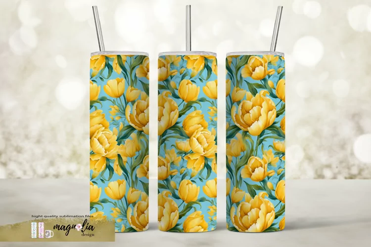 yellow Tulip Floral tumbler sublimation wrap design png