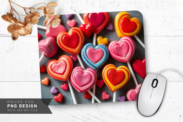 Colorful Heart Lollipops Mouse Pad PNG Design