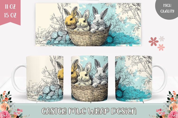 Easter Basket Mug, Cartoon Easter Bunnies Mug Wrap Design