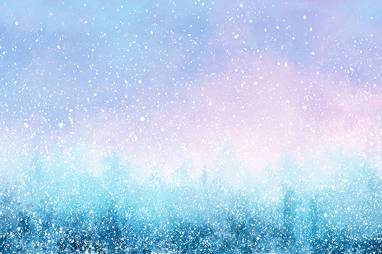 A serene snowy landscape with a pastel colored sky at dusk