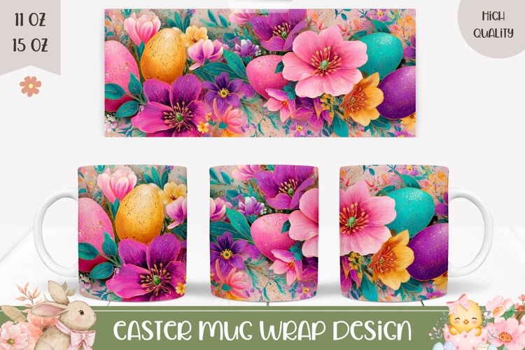 Colorful Flowers Mug Wrap Design, Easter Mug Sublimation