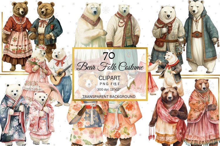 Bears in Folk Costumes Clipart, Cosplay Bears in Clothes PNG example image 1