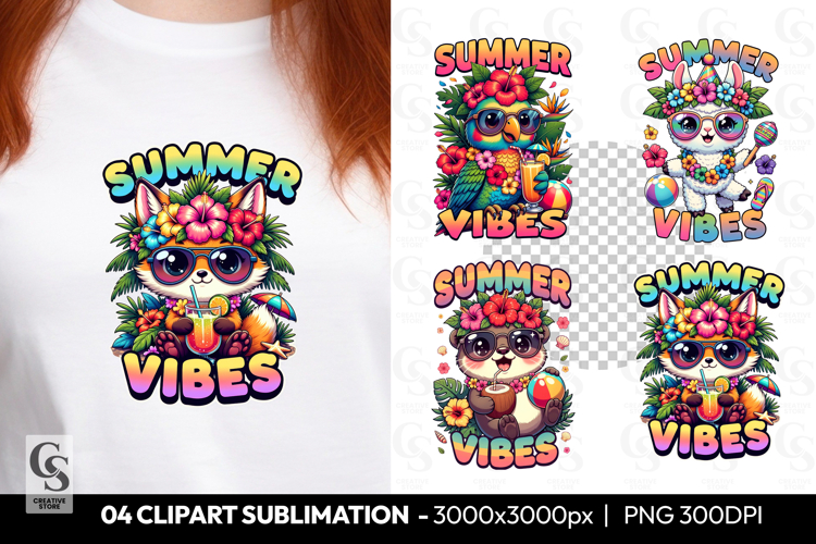 Summer Vibes Cute Animal Clipart PNG Sublimation
