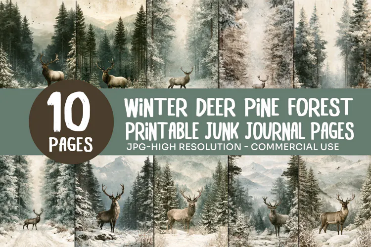 Winter Deer Pine Forest Junk Journal Pages