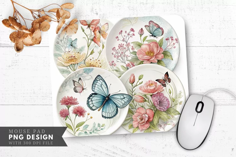 Butterfly Floral Elegance Ceramic Plates Mouse Pad PNG