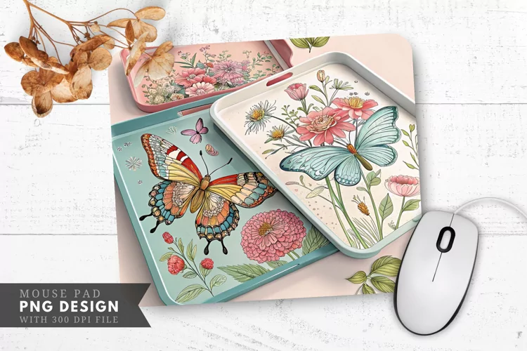 Butterfly And Floral Decorative Trays Mouse Pad PNG