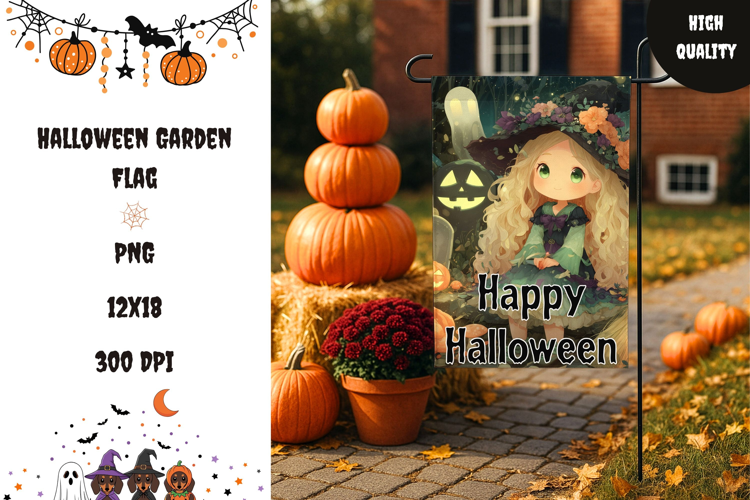 Kawaii Witch Garden Flag Design, Halloween Garden Flag
