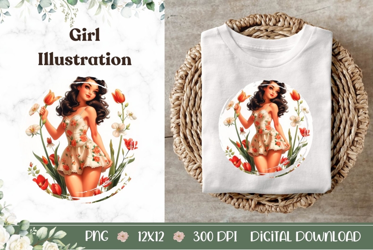Pin Up Girl Illustration, Cartoon Girl PNG, Cute Tulips PNG