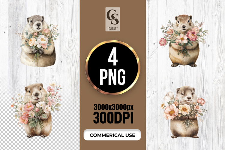 Watercolor Marmot Holding Flowers Clipart Sublimation PNG