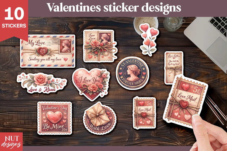 Romantic postage stamp stickers, Vintage Valentine Stickers