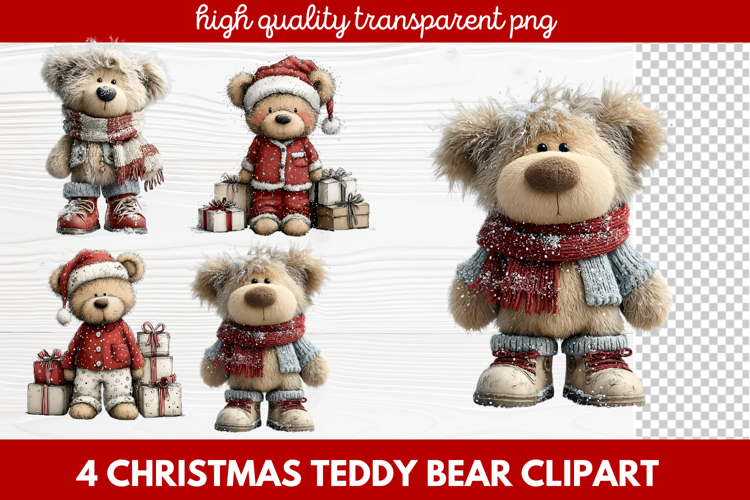4 Christmas Teddy Bear Clipart | Cute Holiday Bear PNG Illus