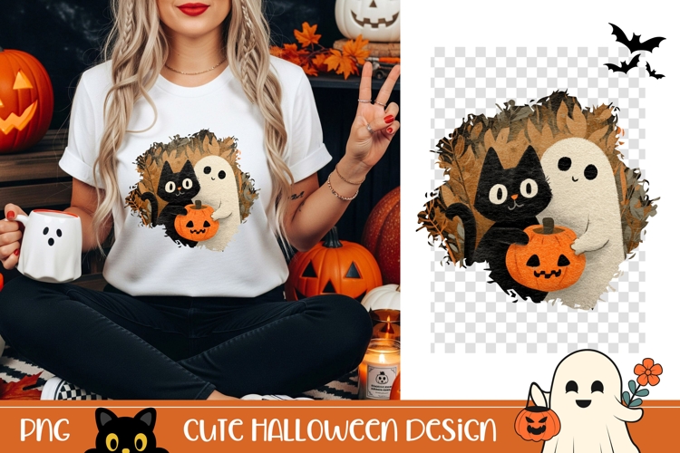 Halloween Black Cat PNG, Cartoon Halloween Ghost T-Shirt PNG