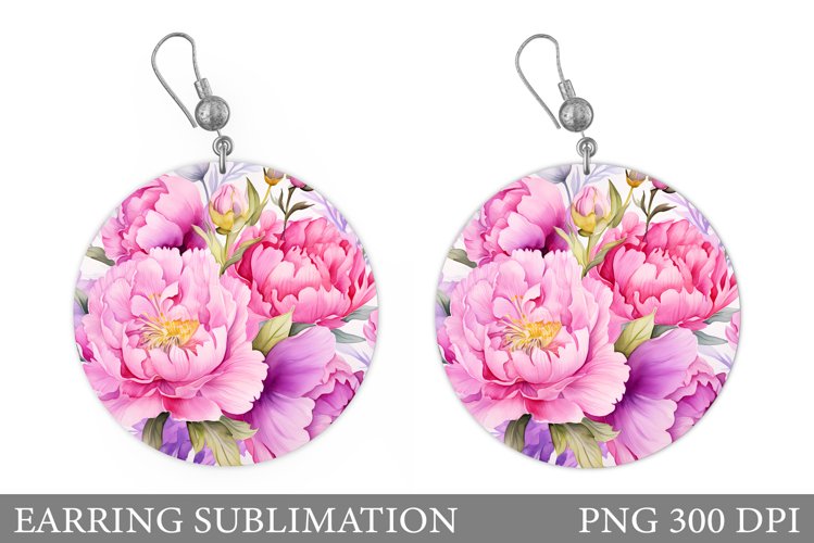 Peony Earring Sublimation. Flowers Round Earring Design example image 1
