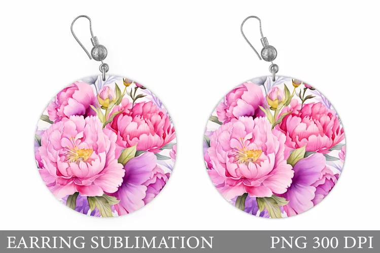 Peony Earring Sublimation. Flowers Round Earring Design