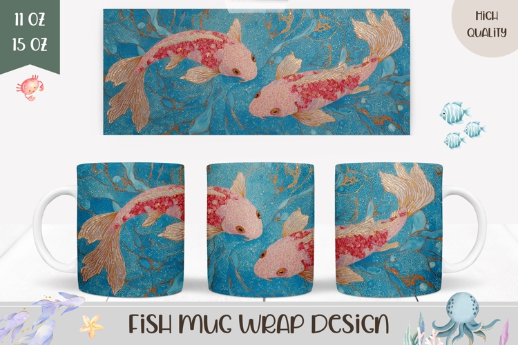 Koi Fish Mug Wrap, Sea Coffee Mug, Ocean Mug Sublimation