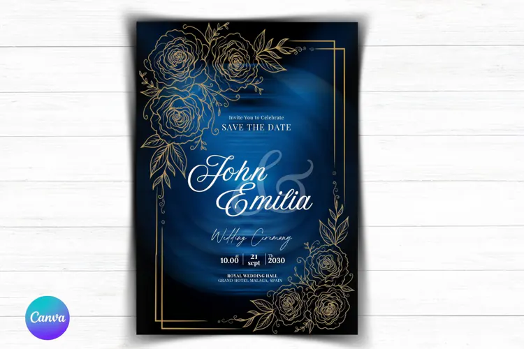 Elegant Gold Floral Wedding Invitation Canva Template