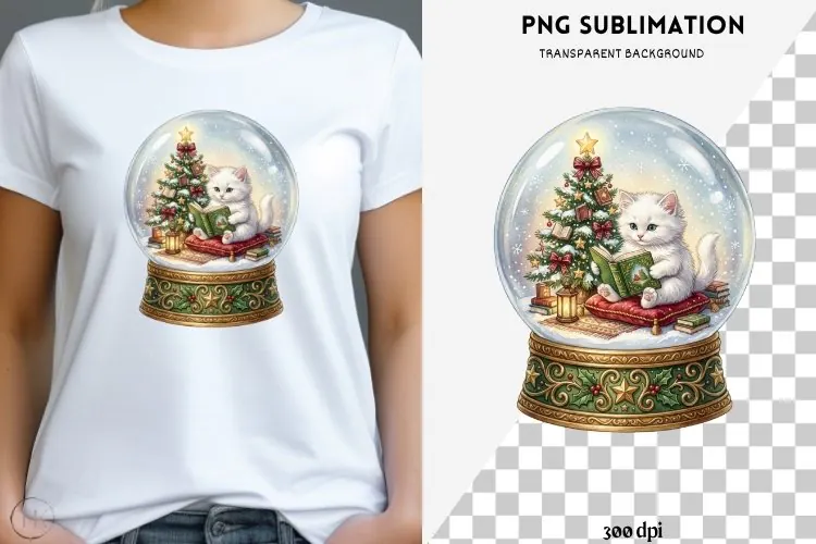 Christmas bookish cat png design for T-shirts