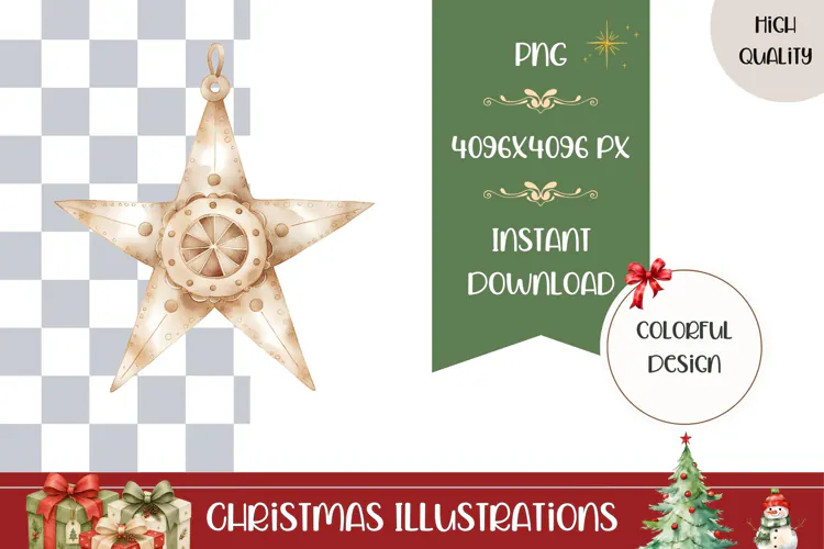 Boho Christmas Star Illustration, Gold Christmas Star PNG