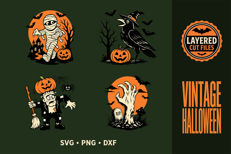 Vintage Halloween SVG, Layered Cut File, Retro Halloween PNG