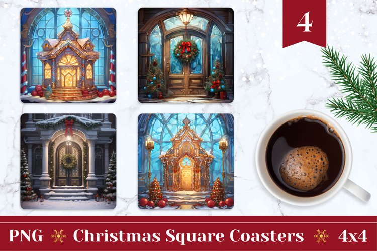 Christmas Square Coasters, Christmas Door Sublimation Design