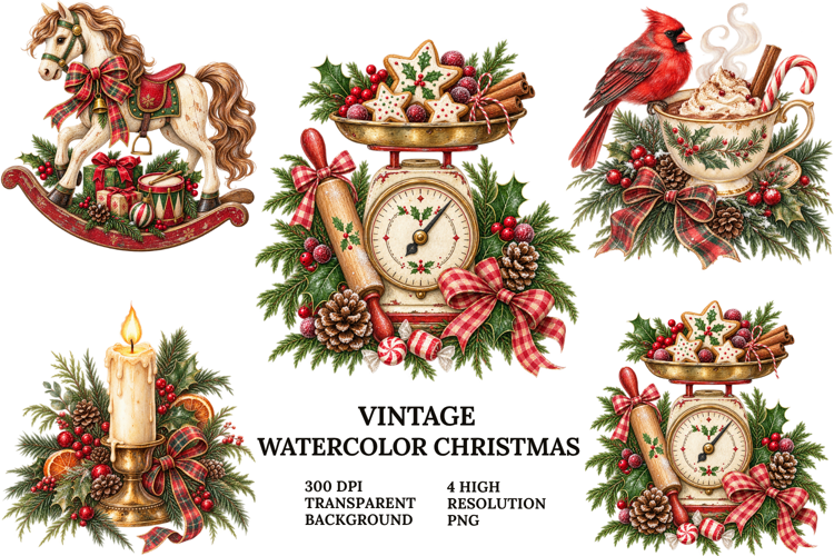 Vintage Christmas Watercolor Clipart PNG