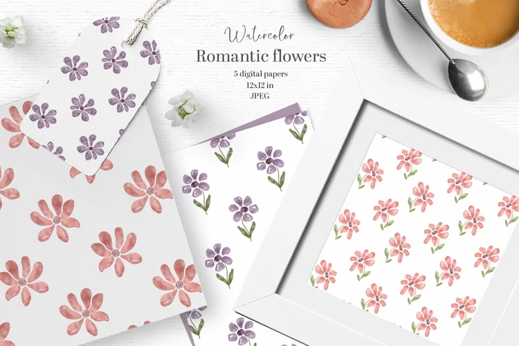 Romantic watercolor flower digital papers