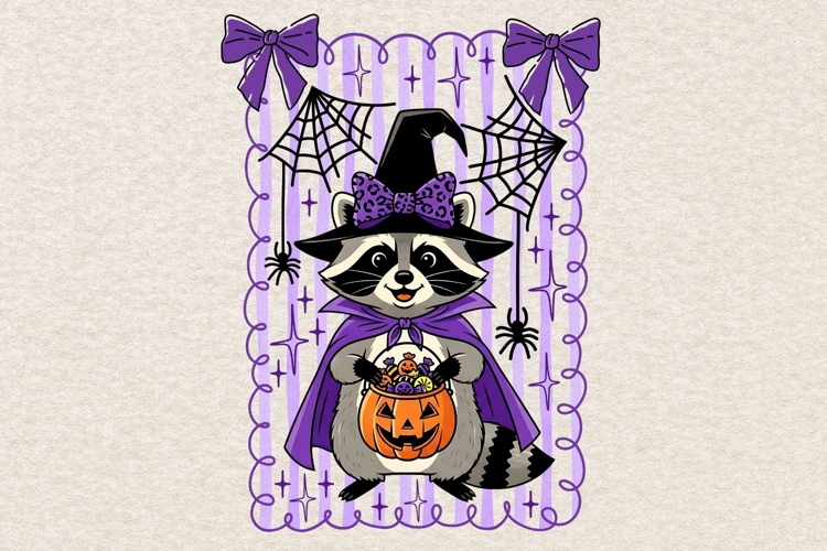 Preppy Halloween Coquette Raccoon Png, Spooky Season Png.