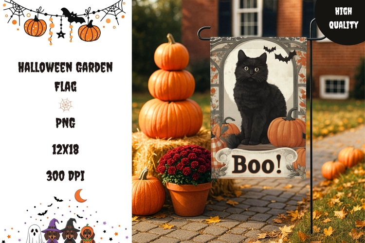 Boo Halloween Garden Flag, Vintage Black Cat Garden Flag