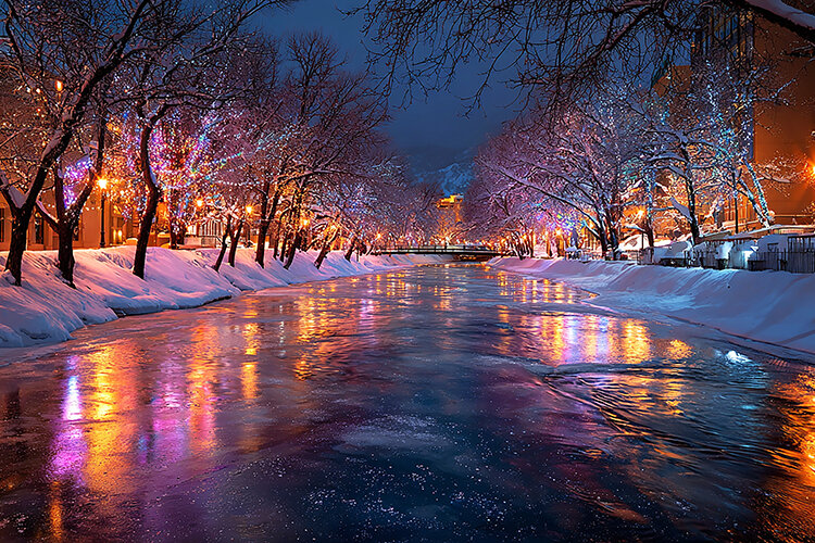 A serene winter scene of a frozen river at night