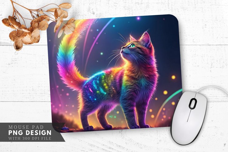 Glowing Rainbow Cat Majesty Mouse Pad PNG Design