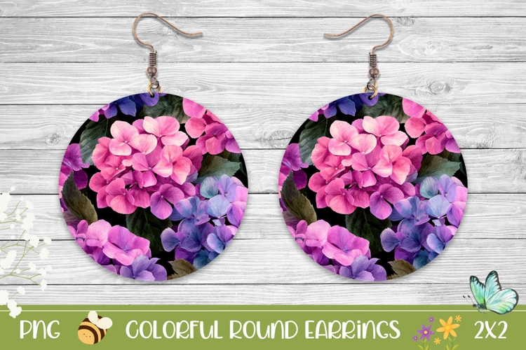 Pink Hydrangea Earrings PNG, Floral Round Earrings Template
