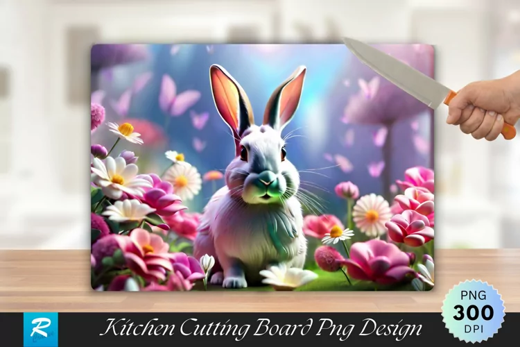 3D Rabbit With Flowers Cutting Board Sublimation Design