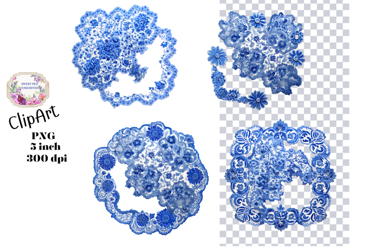 Blue Toile, Ephemera, PNG, Clipart, Junk Journal, flowers
