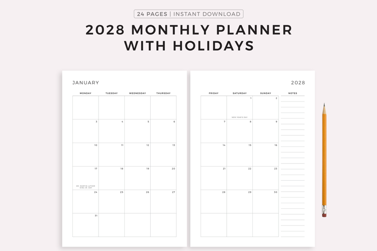 2028 Monthly Planner with Holidays, Dated Month on 2 Pages