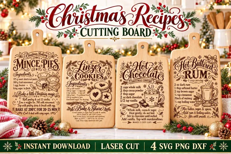 Christmas Recipe Cutting Board SVG PNG DXF, Holiday Baking