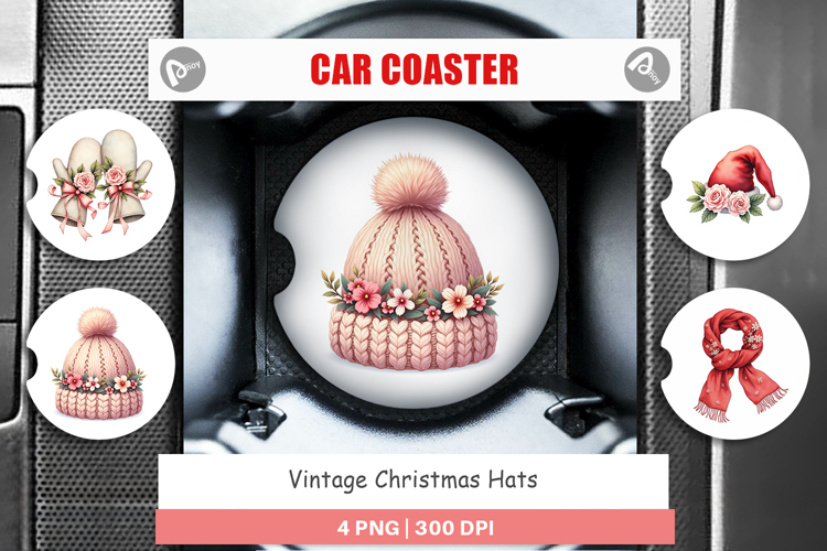 Car Coaster Vintage Christmas Hats Watercolor