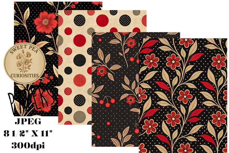Red, Black, Paper, Floral, Papers, Junk Journal