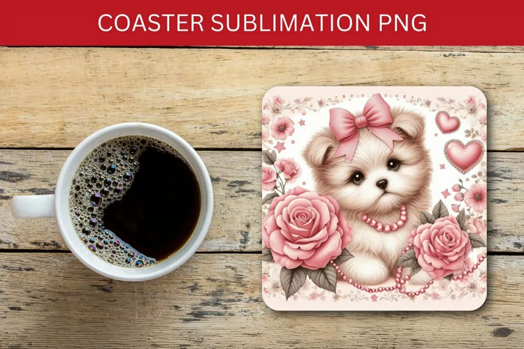 square coaster - pink puppy dog