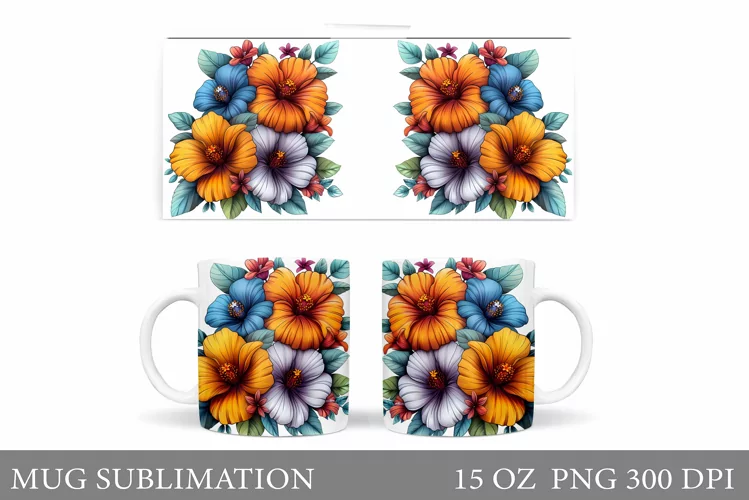 Flowers Mug Sublimation. Floral Mug Wrap Design