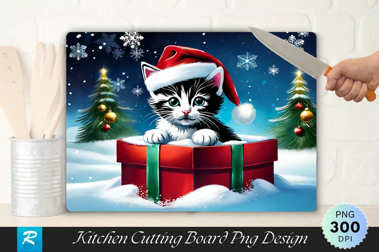 Festive Kitten Surprise Cutting Board Sublimation Design