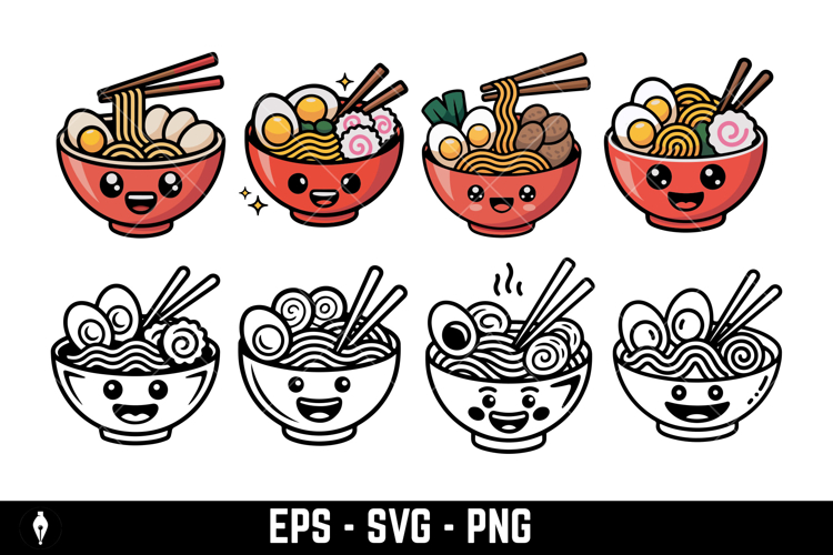 Vector icon of a cute happy ramen bowl character