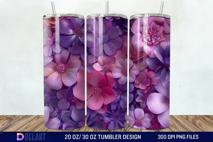 3D Fuchsia and Violet Flowers Tumbler Wrap