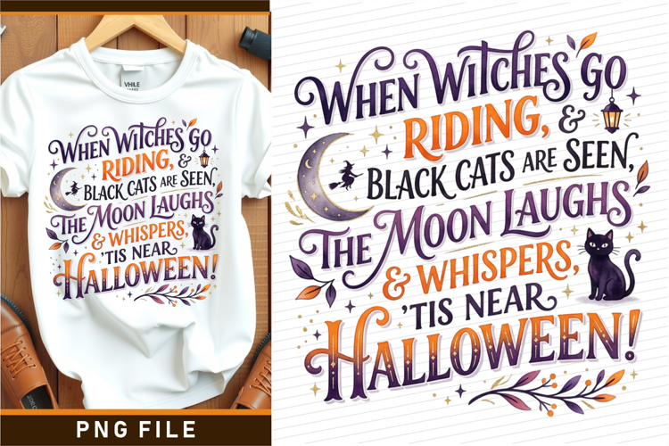 When witches go ridding and black cats are seen, T shirt PNG