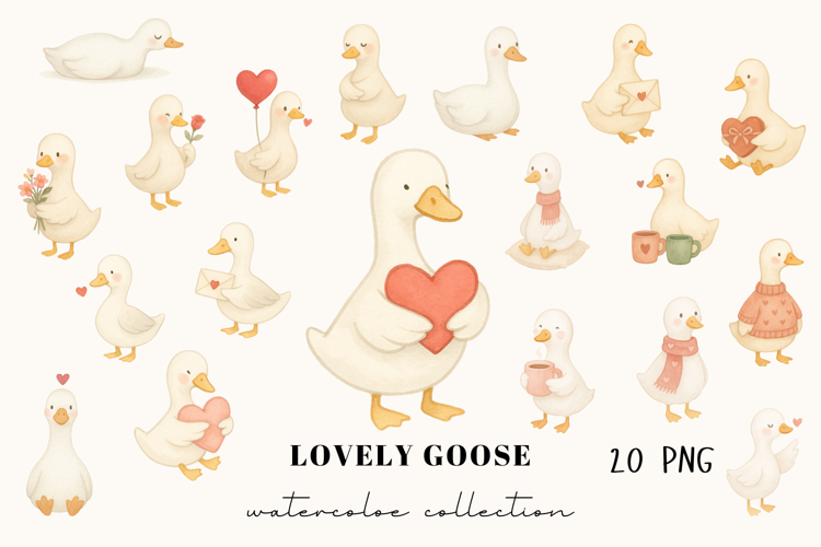 Lovely Goose Watercolor Clipart Set Cute Valentine Goose PNG