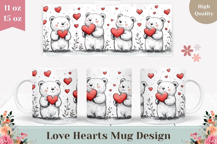 Cute Bear Mug Template, Love Hearts Mug Wrap Design PNG