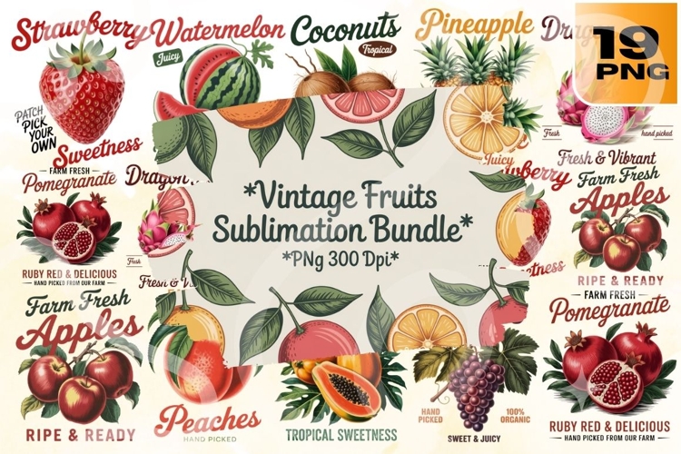 Vintage Fruits PNG Bundle 19 Retro Sublimation Designs