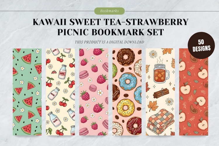 Kawaii Sweet Tea & Strawberry Picnic Bookmark Set,Cute Fruit